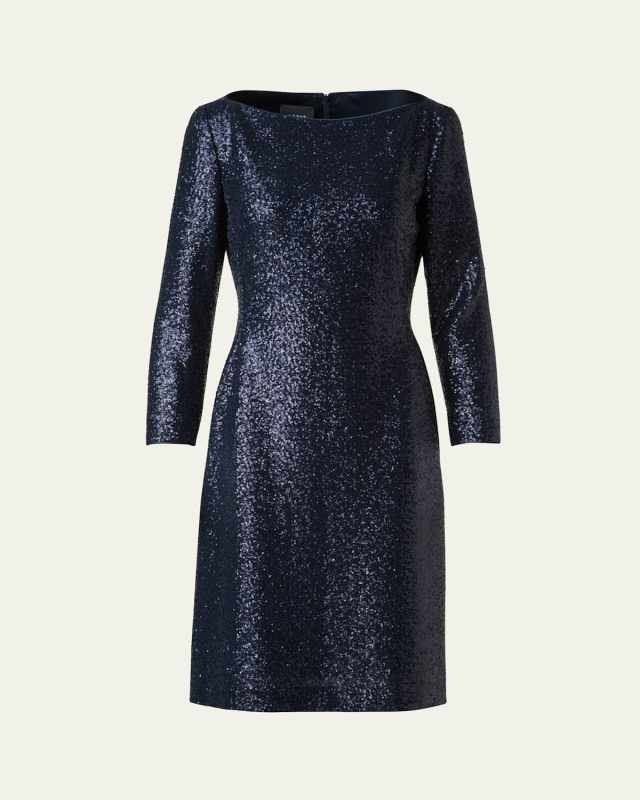 High-Neck Sequin Jersey Long-Sleeve Dress